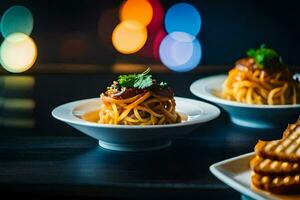 two plates with pasta and bread on a table. AI-Generated photo