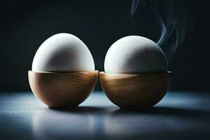 two eggs in wooden bowls with smoke coming out of them. AI-Generated photo