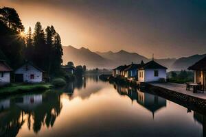 a river in the mountains with houses and trees. AI-Generated photo