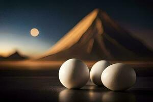 Tres huevos son sentado en un mesa en frente de un montaña. generado por ai foto
