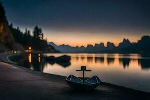 photo wallpaper the sky, mountains, lake, boat, sunset, the lake, the boat,. AI-Generated