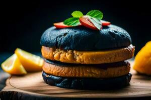 a black burger with a slice of lemon and a slice of tomato. AI-Generated photo