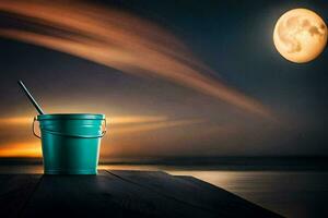 un Cubeta de agua se sienta en un muelle a noche con el Luna en el antecedentes. generado por ai foto