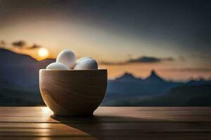 eggs in a wooden bowl on a table. AI-Generated photo