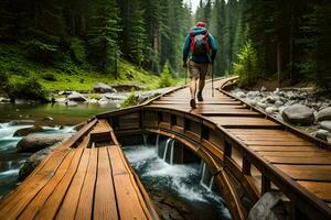 un hombre caminando a través de un de madera puente terminado un arroyo. generado por ai foto