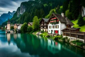 photo wallpaper mountains, the sky, water, lake, house, house, house, house,. AI-Generated