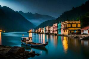 a boat sits on the water in front of colorful houses. AI-Generated photo