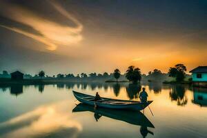 un barco en el agua a puesta de sol con un casa en el antecedentes. generado por ai foto