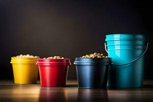 three buckets of peanuts on a dark background. AI-Generated photo