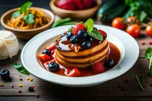 pancakes with berries and sauce on a plate. AI-Generated photo