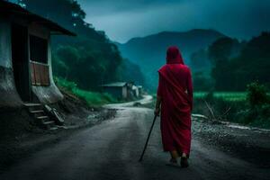 a woman in red robe walking down a road. AI-Generated photo