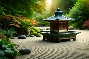 a japanese pagoda sits in the middle of a garden. AI-Generated photo