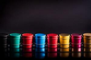 a row of colorful tins on a black background. AI-Generated photo