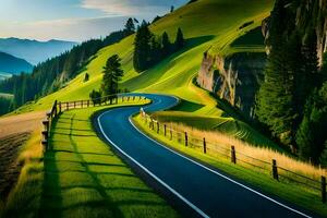 un devanado la carretera en el montañas. generado por ai foto