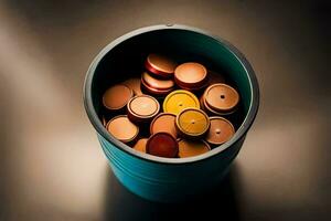 a close up of a bucket filled with different colored coins. AI-Generated photo