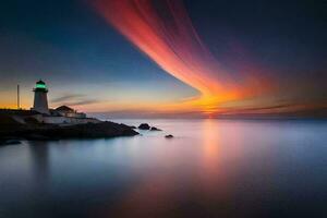 un faro con un vistoso cielo y un largo exposición. generado por ai foto