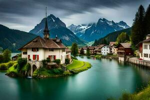 a small village sits on the edge of a lake surrounded by mountains. AI-Generated photo