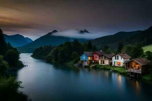 photo wallpaper the sky, mountains, river, house, mountains, lake, house, the sky. AI-Generated
