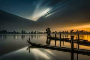 a boat is docked on a lake at sunset. AI-Generated photo