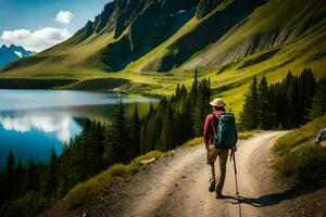 a man with a backpack walking along a trail near a lake. AI-Generated photo