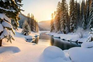 un río en el nieve. generado por ai foto