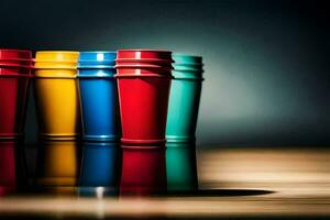 a row of colorful cups on a table. AI-Generated photo