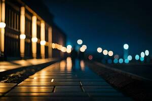 a long walkway with lights on the side. AI-Generated photo