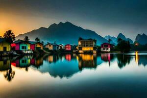 colorful houses on the water at sunset. AI-Generated photo