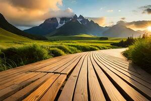 a wooden boardwalk leads to a mountain range. AI-Generated photo