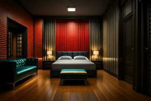 a bedroom with red walls and wooden floors. AI-Generated photo