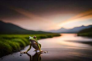 a frog is standing on the edge of a river. AI-Generated photo