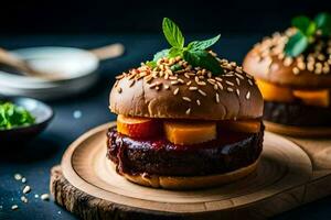two hamburgers with fruit on a wooden board. AI-Generated photo