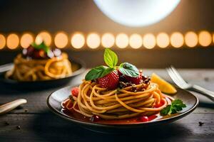 spaghetti with tomato sauce and strawberries on a plate. AI-Generated photo