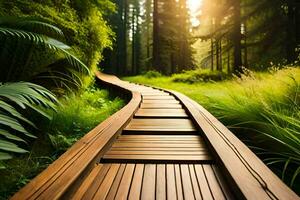 a wooden path in the middle of a lush green forest. AI-Generated photo