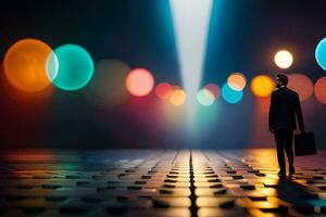 un hombre en un traje camina mediante un oscuro túnel con luces. generado por ai foto