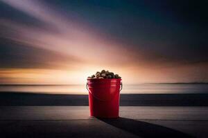 un rojo Cubeta lleno con nueces en el playa. generado por ai foto