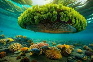 a mushroom floating above a coral reef with fish. AI-Generated photo