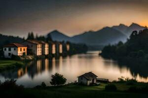 a lake and a house in the mountains. AI-Generated photo