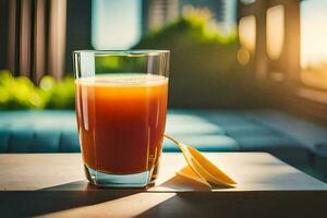 a glass of orange juice on a table in front of a city skyline. AI-Generated photo