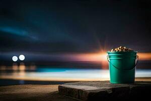 a bucket of nuts on a beach at night. AI-Generated photo