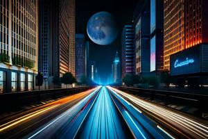 a city street at night with a moon in the sky. AI-Generated photo