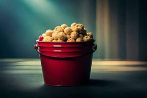 a bucket filled with peanuts on a dark table. AI-Generated photo