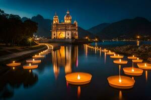 el Iglesia de Santo James en el lago. generado por ai foto