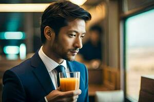 a man in a suit and tie holding a glass of orange juice. AI-Generated photo