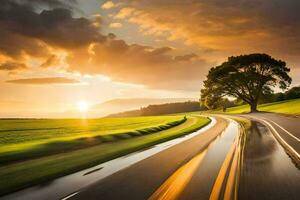 un árbol en el la carretera a puesta de sol. generado por ai foto