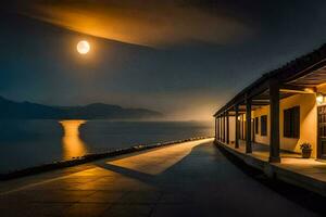 un casa en el agua con un lleno Luna. generado por ai foto