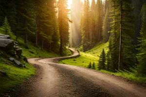 a dirt road in the middle of a forest with sun rays shining through. AI-Generated photo