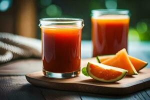 two glasses of juice with slices of melon. AI-Generated photo