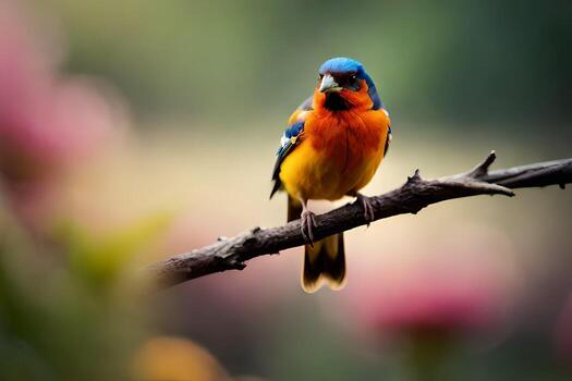 a colorful bird sits on a branch in front of a blurred background. AI-Generated photo