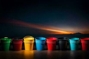 colorful plastic cups lined up against a dark background. AI-Generated photo